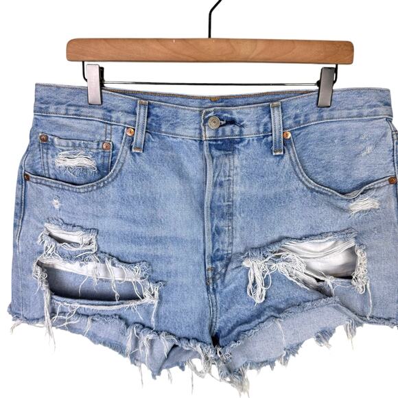 Levis 501 High Rise Light Wash Denim Distressed Cut Off Button Fly Jean Shorts - Picture 7 of 12